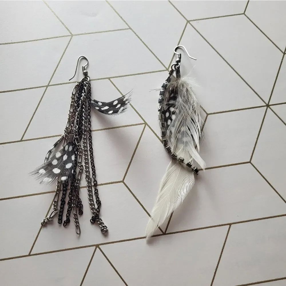 Black and White Feather Earrings with Rhinestone dangles